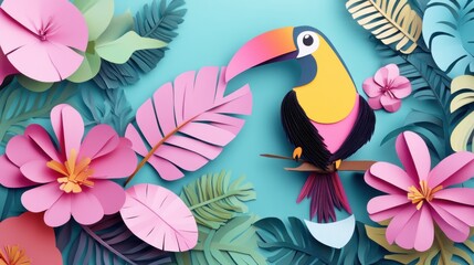 Vibrant Toucan in a Paper Cut Paradise, A Tropical Bird's Dream