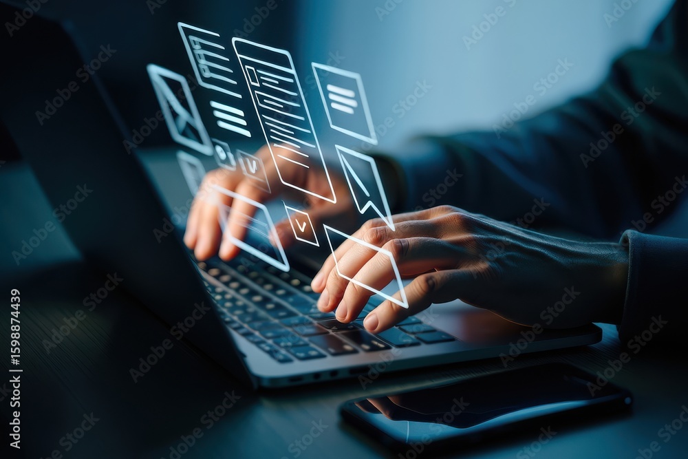 Poster in a softly lit workspace a person types on a sleek laptop surrounded by floating digital icons symb