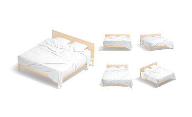Blank wooden double bed with white bedding mockup, different views