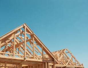 Obraz premium Illustration shows unfinished house framing with wood trusses and beams. Construction project against clear blue sky. Visible structural framework detail signifies craftsmanship and building process.