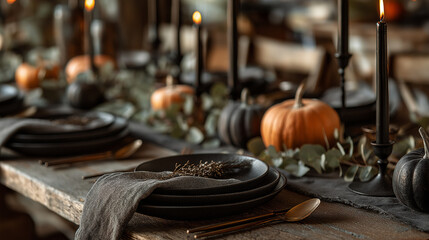 Halloween table setting with black plates, brass cutlery and candlelight styled for autumn holiday