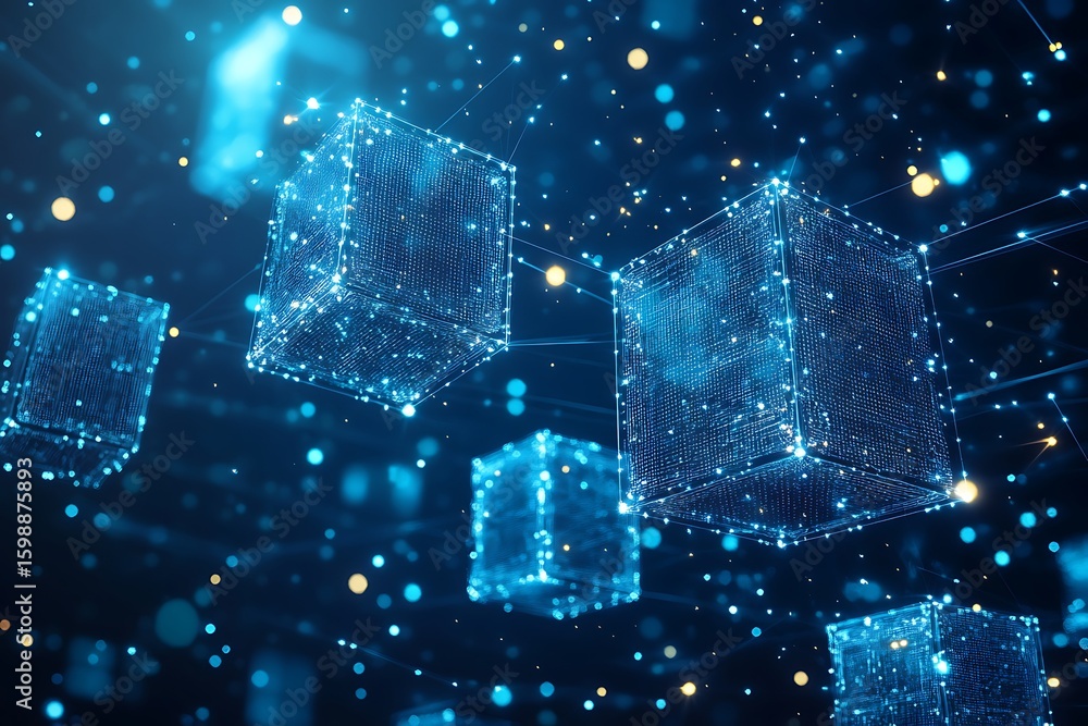 Poster floating digital cubes with glowing dots on a dark background