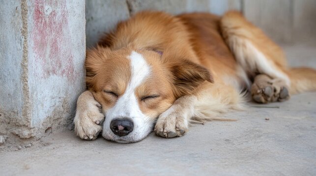 A docile brown and white animal lies on the hard ground with its head resting on its paws while sleeping deeply near a rough concrete wall showing its peaceful rest.