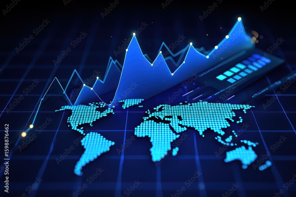 Poster a digital representation of world data trends highlights fluctuating graphs over a world map. the vi