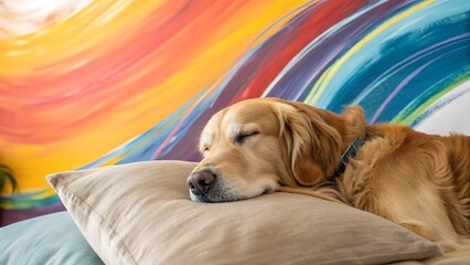 A golden retriever peacefully sleeps on a pillow with a vibrant colorful background wall art