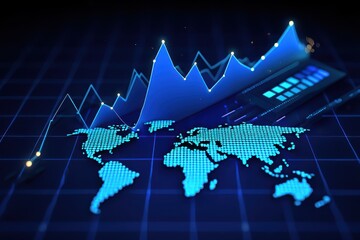 A digital representation of world data trends highlights fluctuating graphs over a world map. The vibrant colors depict market movements and analytics in real-time reflecting innovation.