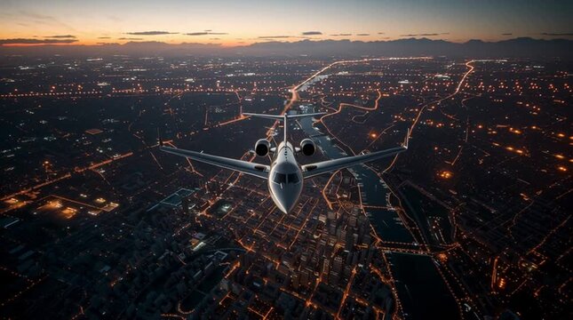 A view from above a private jet aircraft in flight over a big city urban area. Aerial video, Night time, Birds Eye view video 3d animation of luxury plane flight, evening