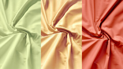 Green, gold and red folded swirl fabric material mockup