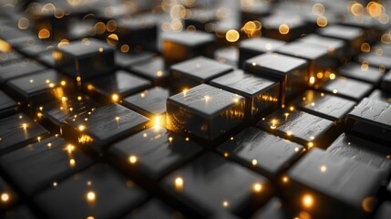 Obraz premium An exquisite abstract design showcases layered squares and rectangles shimmering with metallic highlights against a textured black backdrop exuding elegance and modern art flair.