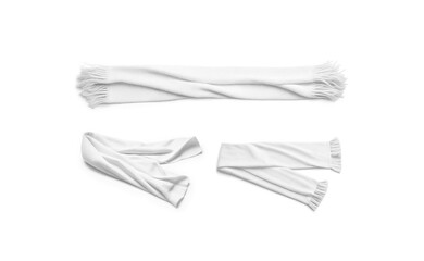 Blank white knitted scarf with fringe, different views, ai generated