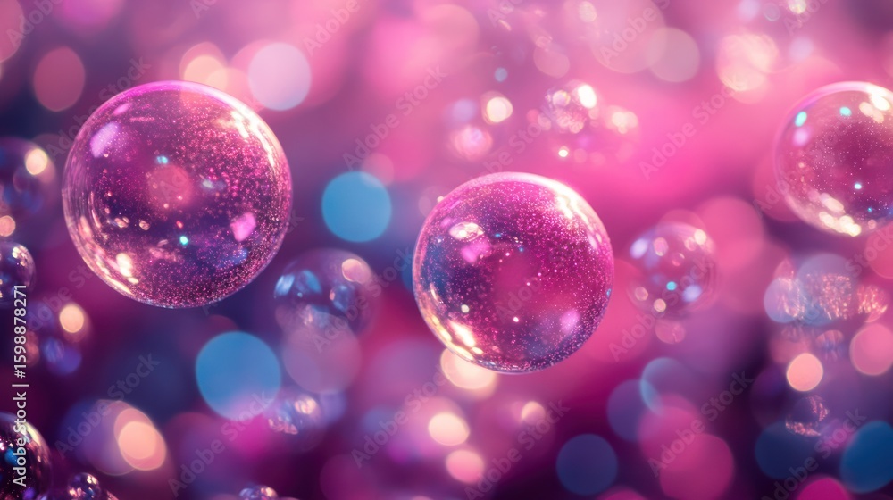 Poster abstract image of translucent spheres floating against a blurred background of pink and blue bokeh l