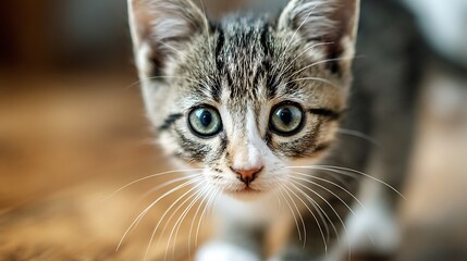 A cute kitten with big eyes looking directly at the camera with a soft focus background in a studio setting real photo stock photography