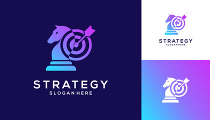 Target and Strategy marketing logo design ideas. Vector of Arrow right on target with knight chess, icon template.