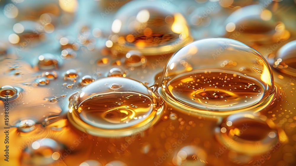 Poster bubbles of various sizes float gracefully in a vibrant liquid displaying rich greens and soft ambers