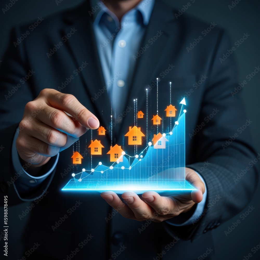 Aufkleber a business professional studies an uptrend in the real estate market using digital graphs to analyze