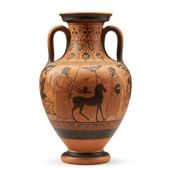 Ancient Greek amphora with mythological painting with intricate hand-carved details