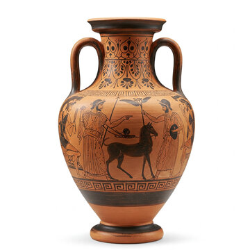 Ancient Greek amphora with mythological painting with intricate hand-carved details