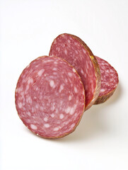 Sliced sausage showing white fat on white background
