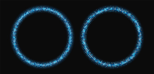 Blue halftone frames, glowing circle borders, round pattern with dots, radial disco luxury design element. Vector illustration.