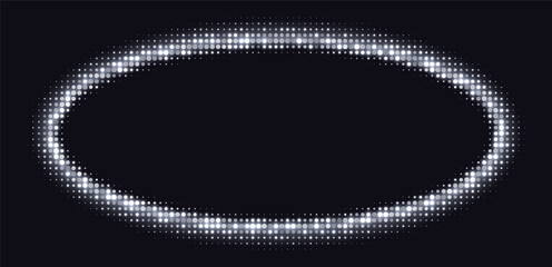 Silver halftone frames, glowing circle borders, round pattern with dots, radial disco luxury design element. Vector illustration.