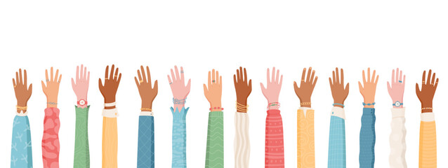 Set of raised open hands in a flat colorful style. A vibrant representation of multicultural and diverse community people. Symbolizing unity, equality, and open human connections, ideal for social,