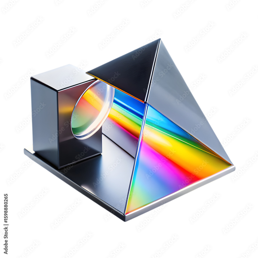 Fototapete light dispersion through a prism with a lens and block on a reflective surface against black backdro