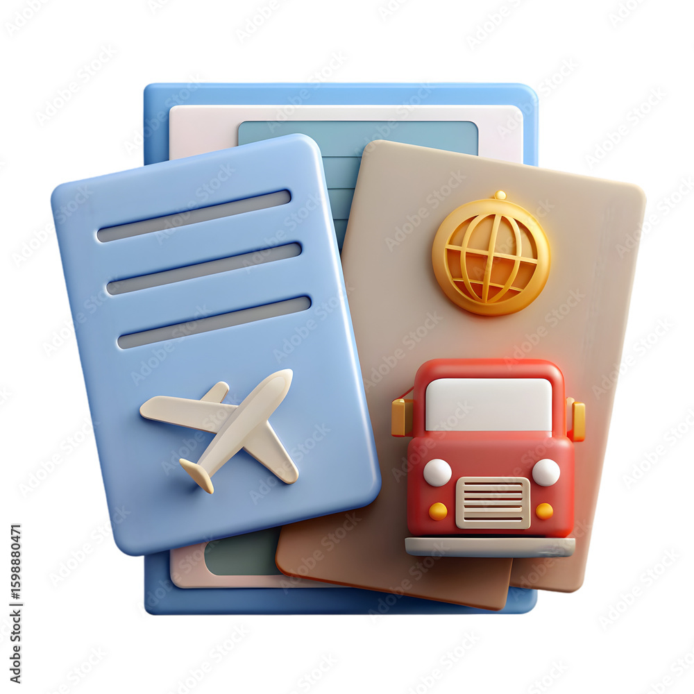 Poster visa document transportation front view 3d icons rendering illustration on transparent background