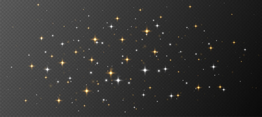 White and gold sparkling stars, shiny particles light effect, transparent flying stardust texture, abstract twinkle Christmas decoration. Vector illustration.