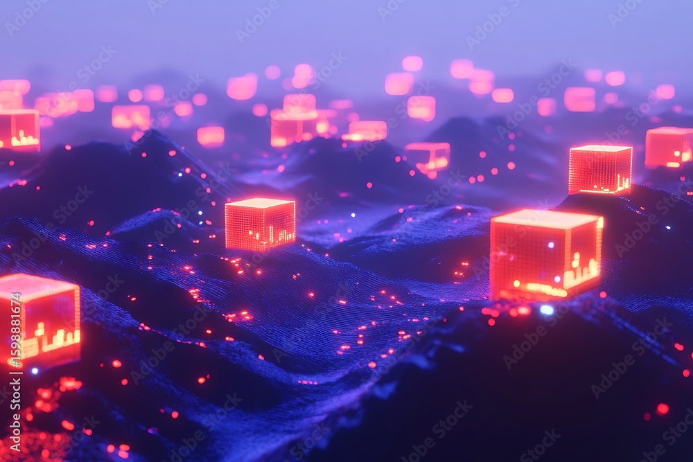 Aufkleber floating digital cubes on a wavy surface representing technology data