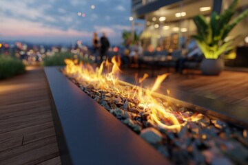 Chic rooftop gathering: gas fire pit and city lights. Wood vs gas. Understanding fire pit options: wood vs gas for optimal patio enjoyment. Fire pit types. Fire pit choices.