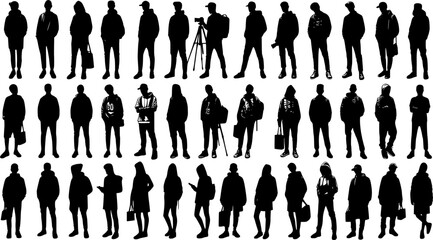 Vector silhouettes men and women, illustration. Silhouettes of young people posing in casual clothes. EPS version.