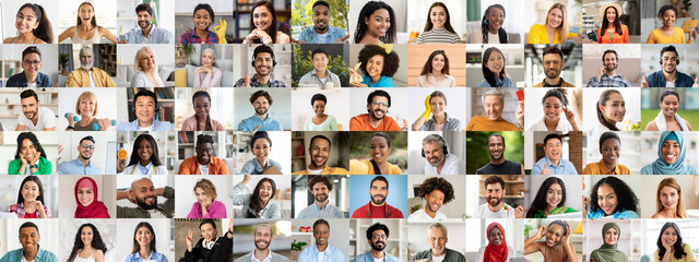 A vibrant collection of joyful faces showcasing people from various backgrounds. This portrait captures a lively essence of diversity, sharing smiles and positive energy in diverse settings.