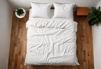 Double bed with white bedding small room interior, ai generated