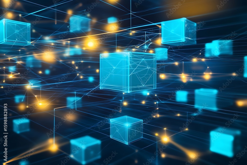 Poster network of interconnected blue cubes and glowing nodes connecting data