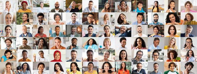 Fototapeta premium A vibrant collection of happy faces showcasing a diverse group of individuals from various backgrounds. Each person expresses joy, emphasizing unity and shared experiences in a lively setting.