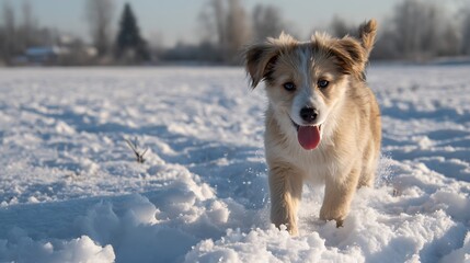 A playful puppy exploring a snowy field paws deep in snow tongue out crisp winter air soft morning light real photo stock photography
