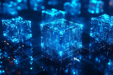 Exploring Digital Cubes with Glowing Blue Lights on Circuit Board
