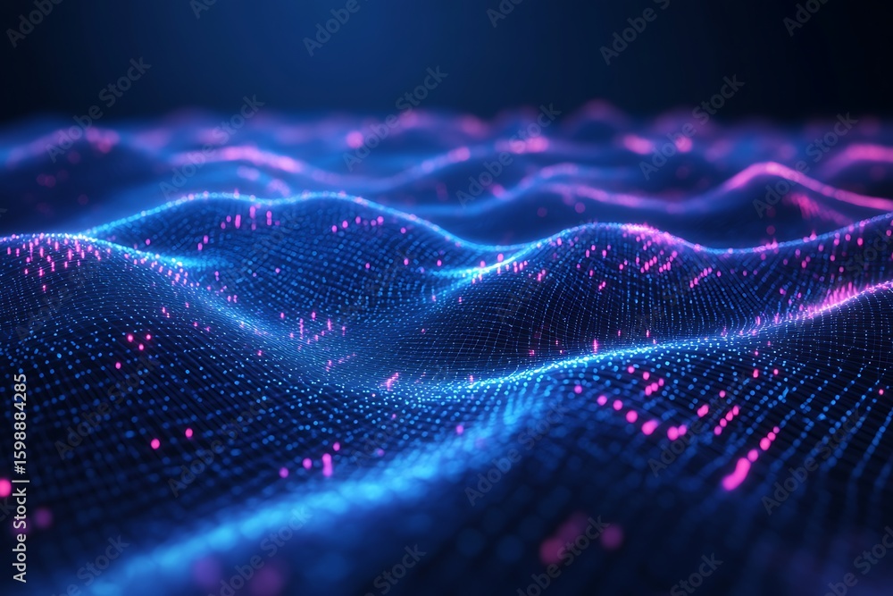 Poster abstract digital landscape with glowing dots and mesh grid background