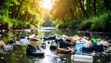 Pollution in Nature with Garbage and Shoes Floating in Stream