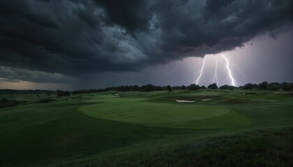 Dramatic lightning strikes illuminate stormy sky over rich green golf course at dusk. Heavy rain falls as powerful electric bolts flash across dark, atmospheric clouds, creating visually striking,