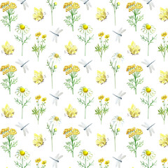 Watercolor pattern with flowers and insects on a white background. Suitable for use on postcards, labels, product packaging.