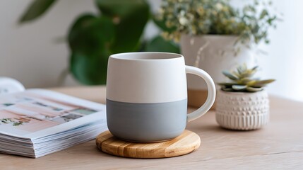 Scandinavian style interior scene with a two tone ceramic mug on a minimalist wooden coaster next to a houseplant and design magazine real photo stock photography