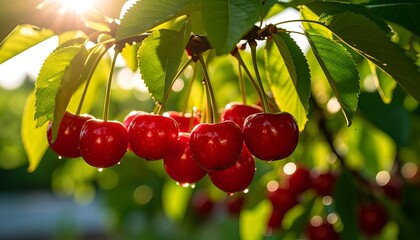 Ripe cherries hanging from a tree branch on a sunny day