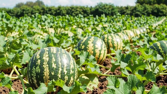 Ripe watermelons growing in a field surrounded by green leaves under a bright sky on a summer day