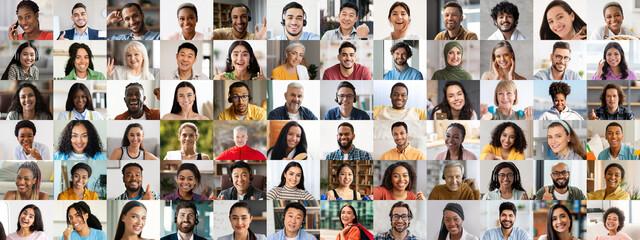 A vibrant collage features people of various backgrounds, each smiling warmly. This set reflects joy and connects through shared moments in everyday life, celebrating diversity and unity.