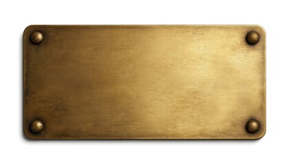 Antique brass rectangular plate, golden metal sign with four rivets. Textured gold surface with brushed finish. Vintage blank template for text graphics, classic design element, polished shiny