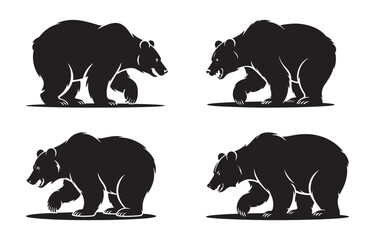 Black silhouette illustrations of various walking and growling grizzly bears on white background