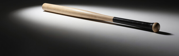 Baseball bat crafted from light wood with black grip. Sporting equipment sits on clean, white surface under dramatic spotlighting, creating strong shadow. Ideal for sports, fitness, conceptual
