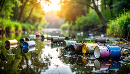 Pollution in Nature: Discarded Cans Litter a Calm River Scene