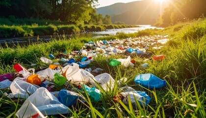 Plastic Waste in Nature Near River Under Golden Sunset Glow